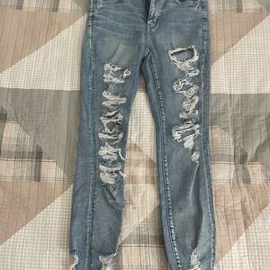 American Eagle Outfitters Blue Skinny Jeans with Distressed Details